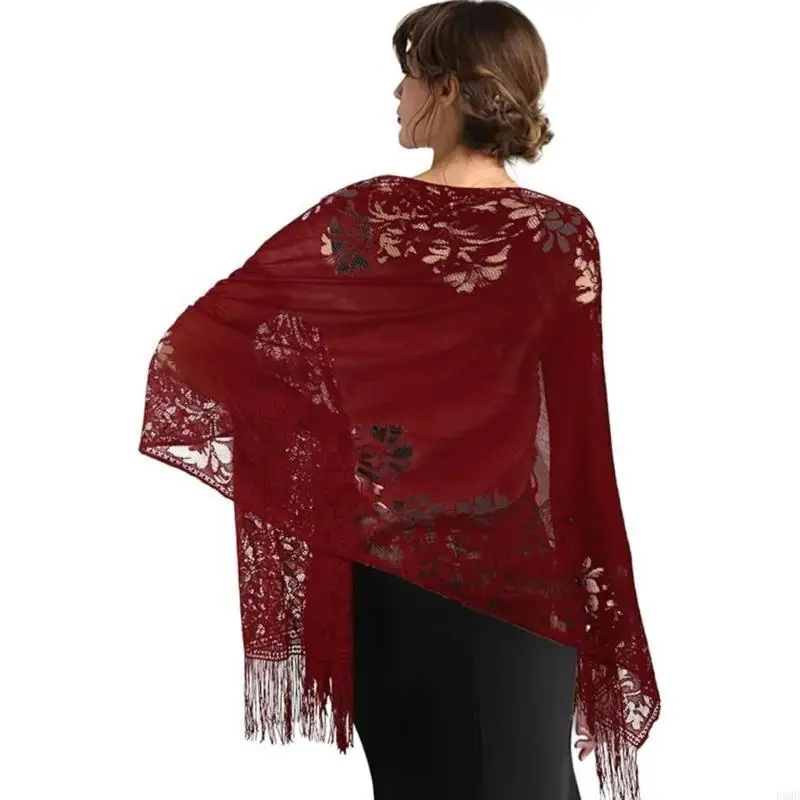 

French Styles Tassels Lace Scarf Flower Pattern Shawl For Casual Formal Occasion F3MD