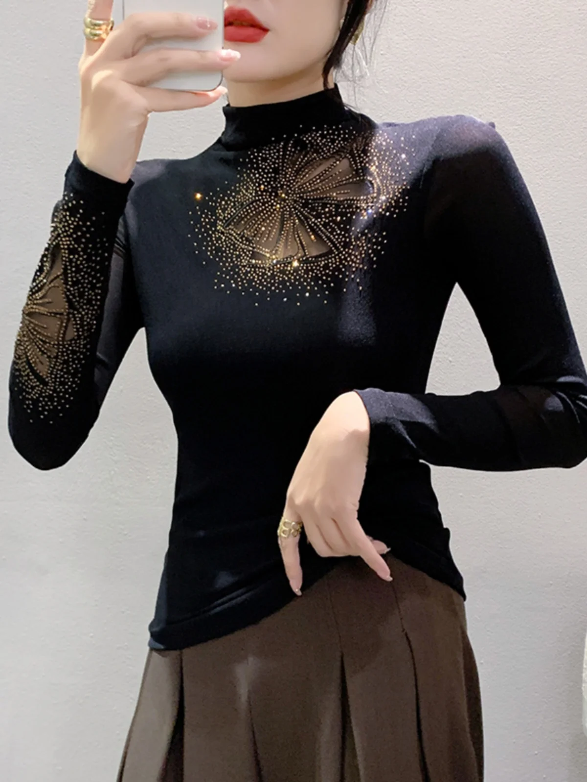 Autumn New Half Turtleneck Long Sleeve Diamond Mesh T-shirt Women\'s Slim Fit Base Black TShirts BH9739