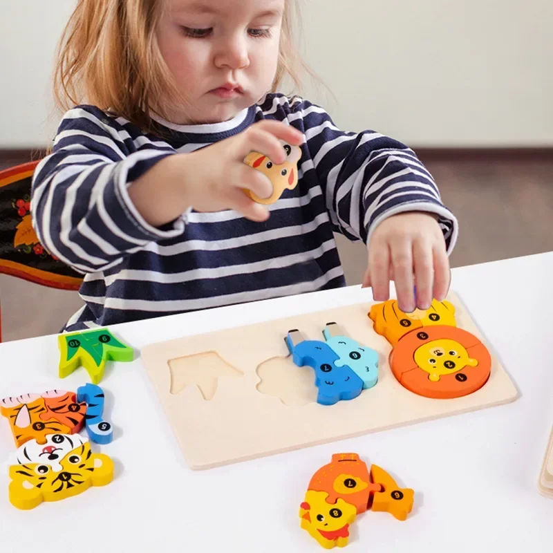 Puzzle in legno Giocattoli per bambini Catena di cibo per animali Montessori Leone Orso Palmare a mano Giochi educativi in legno Matiching Regalo per bambini