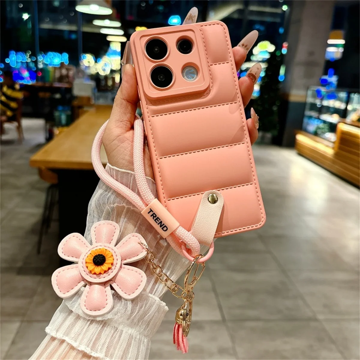 Luxuriöse weiche Daunenjacke, Sonnenblumen-Handgelenkschlaufe, Handyhülle für Xiaomi Redmi Note 14, 13, 12 Pro, Redmi 12, 14C, 13C, Schutzhülle