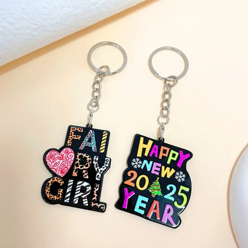 2025 New Year Leopard Print Acrylic Card Letter Key Chain for Women Girls Fashion Bag Accessory for Commuting