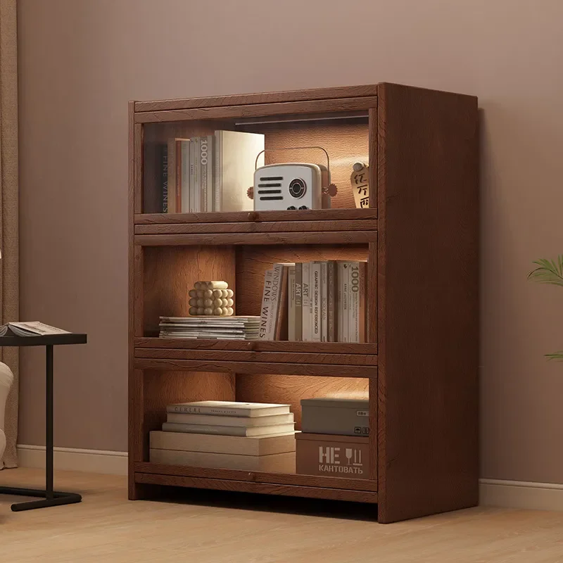 for American Retro Floor to Ceiling Bookcase Solid Wood Small Cabinet Locker Living Room Storage Display Cabinet Integrated
