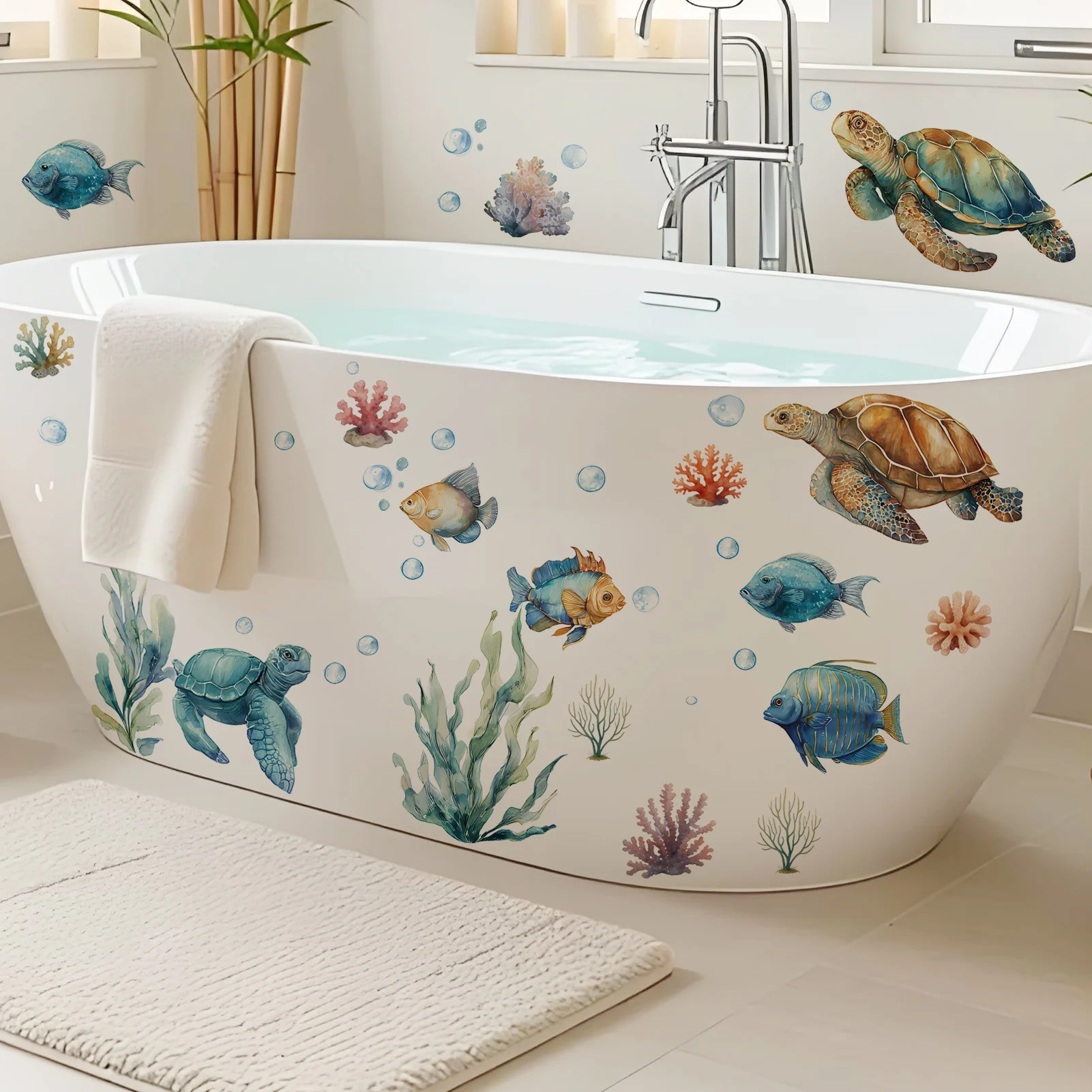 Watercolor Sea Turtle Wall Decals, Ocean Life with Fish & Coral Vinyl Stickers for Home Decor