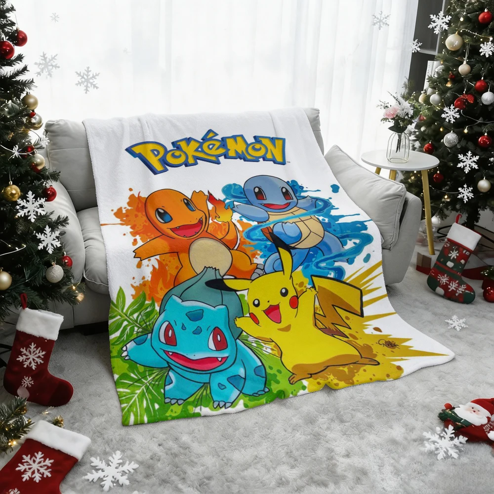 Pokemon Starters Pikachu Charmander Squirtle Bulbasaur Print Flannel Throw Blanket Soft Warm Blanket for Sofa Bed Home Decor