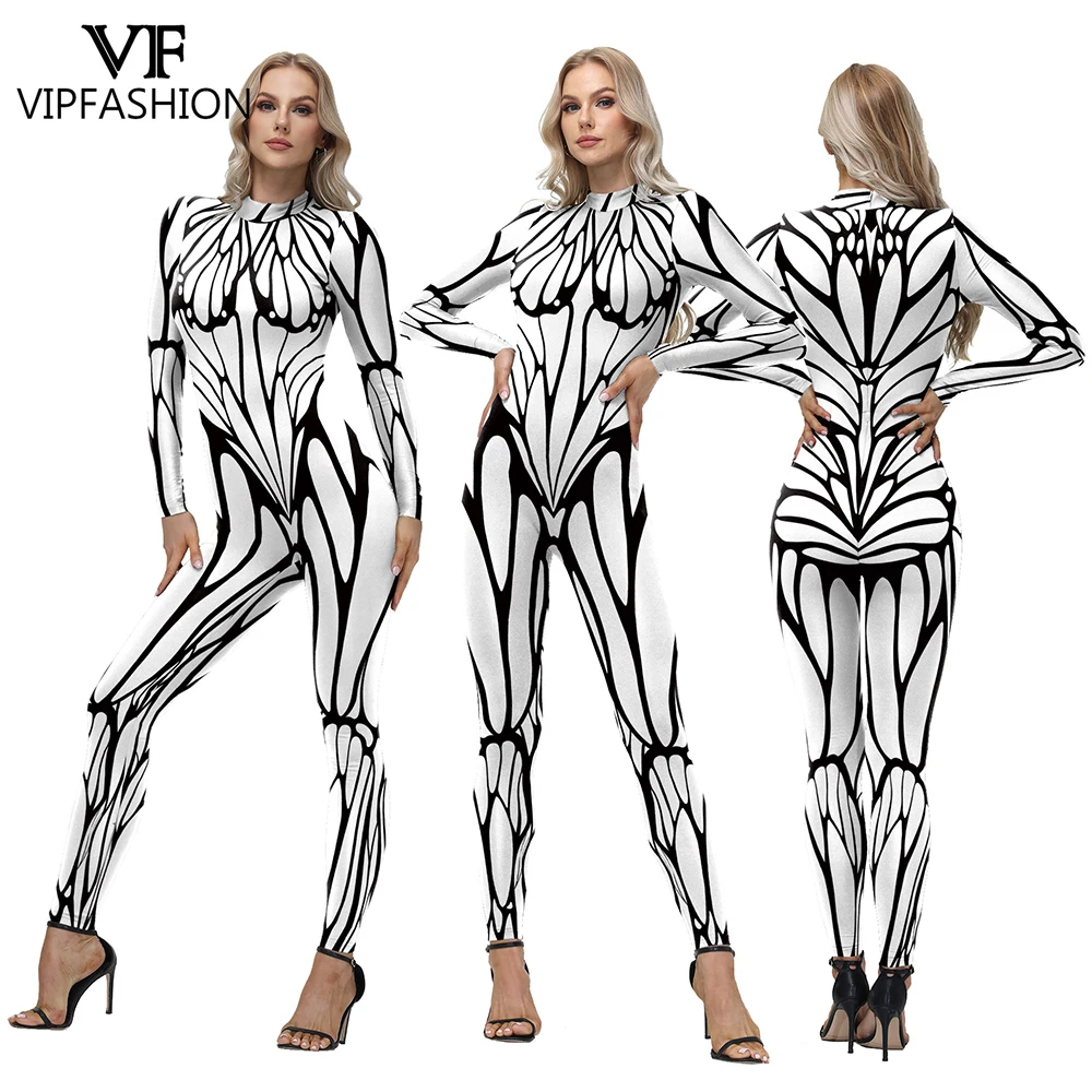 

VIP FASHION Women's Black White Patterned Bodysuit Animal Butterfly Cosplay Costume Stylish Sexy Jumpsuit Halloween Party Outfit