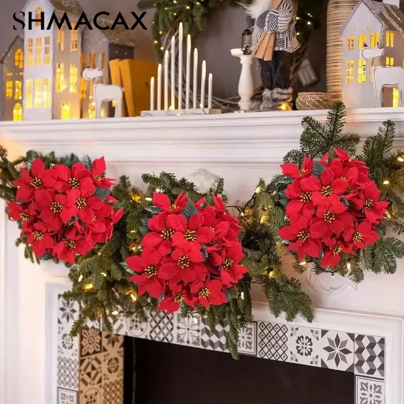 33cm Artificial Poinsettia Bushes Faux 7 Heads White Red Silk Artificial Christmas Flower Bouquet For Home Wedding Party Decor