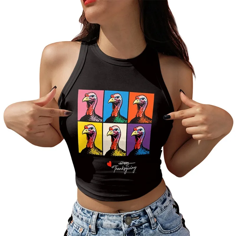 Women's Sleeveless Halter Neck Cropped Tank Top Turkey Print Thanksgiving Holiday Streetwear Slim Fit Vest