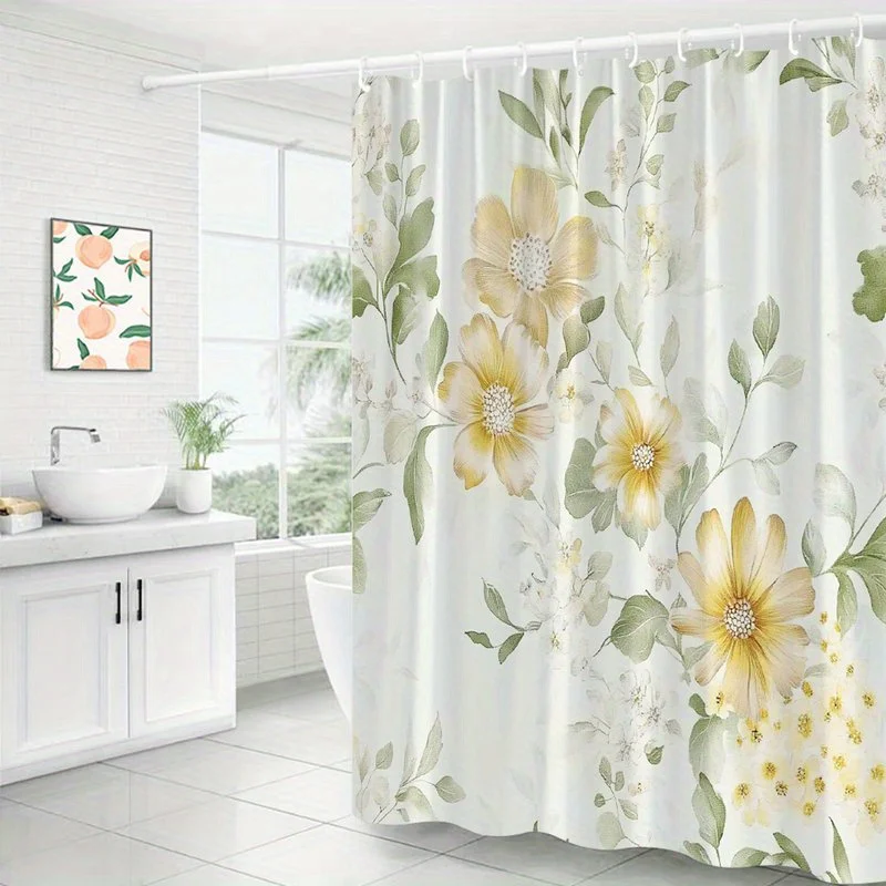 1pc Elegant Pastel Floral Shower Curtain - Golden-Yellow Flowers with White Centers & Smaller Blooms on Light Green Background,