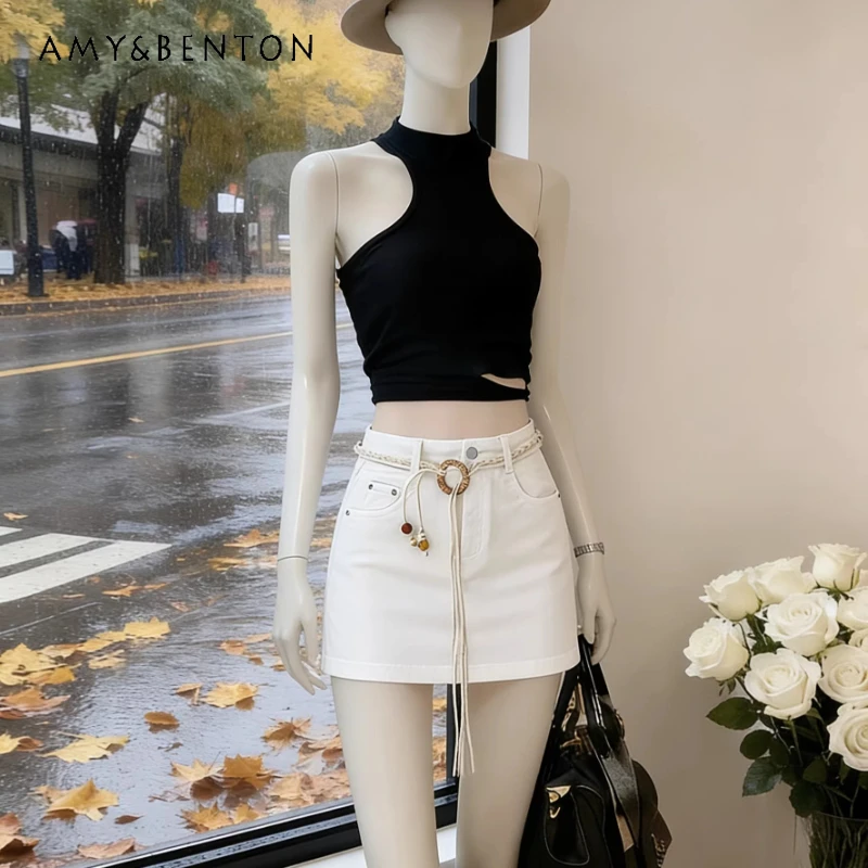 

Женская мини-юбка А-силуэта с завышенной талией, белая, в французском стиле, с поясом, облегающая, укороченная, весна 2026, новинка