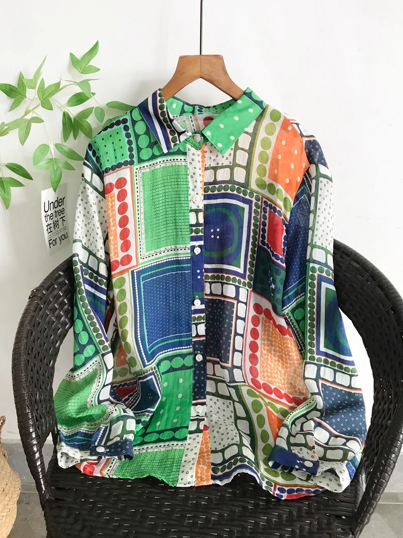 

Boho 100% Ramie Blouse Shirt Mexican Shirt Women Autumn Ethnic Polka Dot Patchwork Shirt Long Sleeve Tops