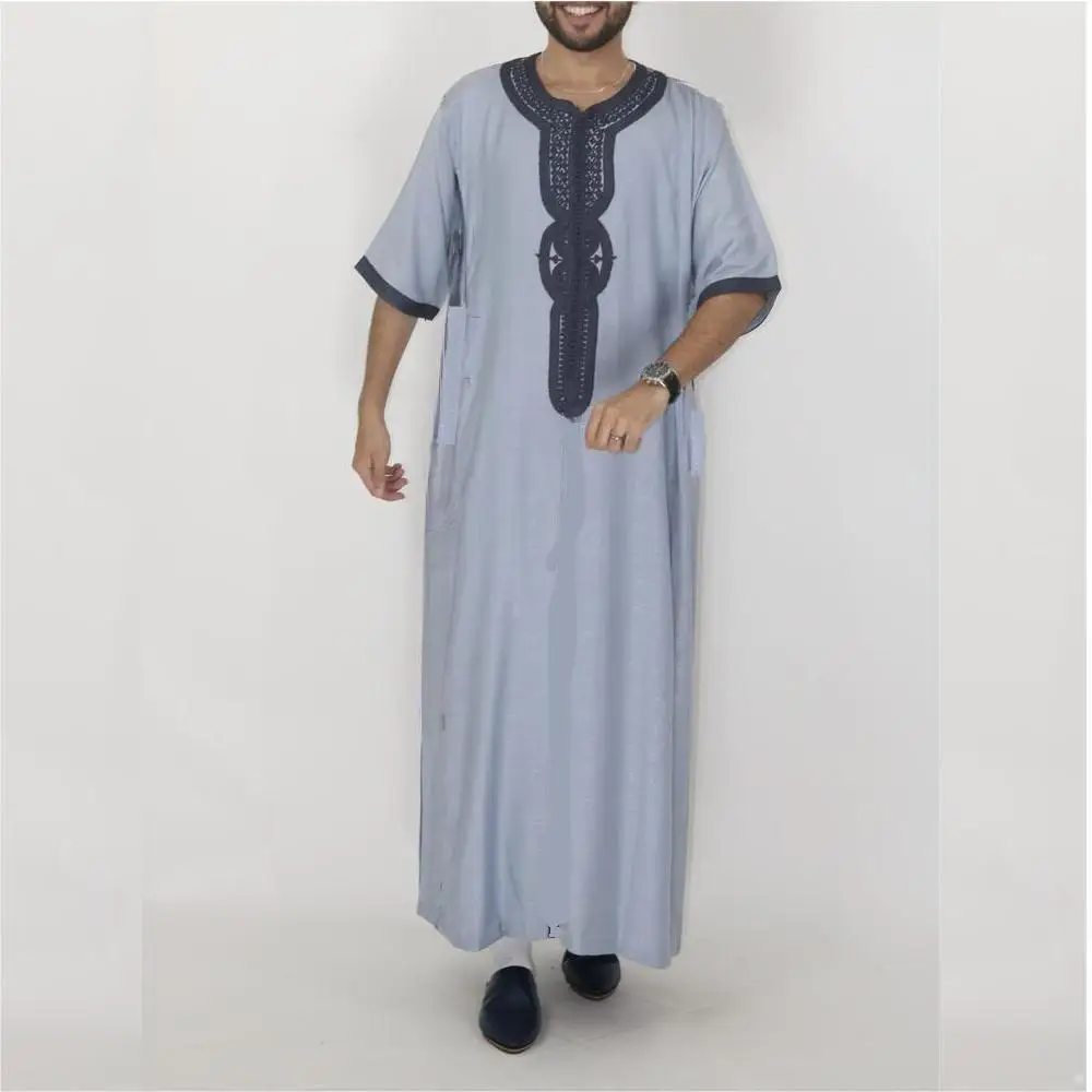 Tobe de manga curta marroquina masculina, bordado tradicional, vestido islâmico, Ramadan Abaya, Jubba, Kahara Robe, Manto de homem, 2024