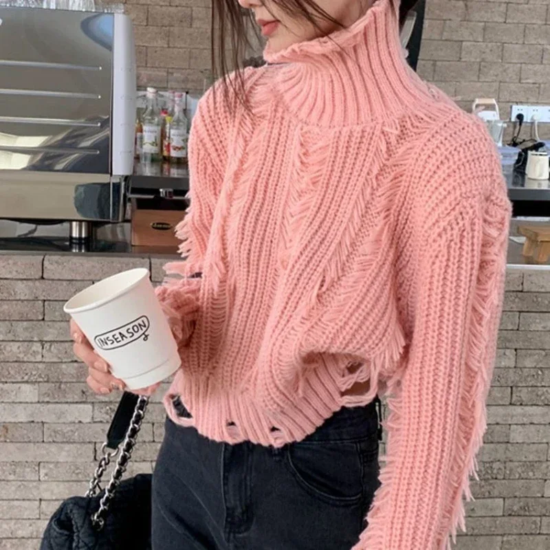 

Autumn and Winter New Women's Youth Sweet Wear Hole Knitted Pullover Knitting Fried Dough Twists Tassel Warm Sweater Jumper