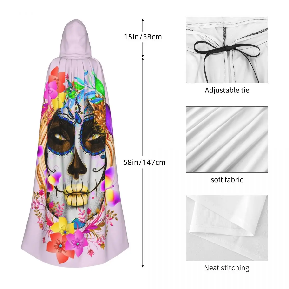 Catrina mexicana para niña, Día de los muertos, calavera de azúcar, capa larga con capucha, disfraz Medieval de bruja, capa de Cosplay, abrigo de Halloween Unisex