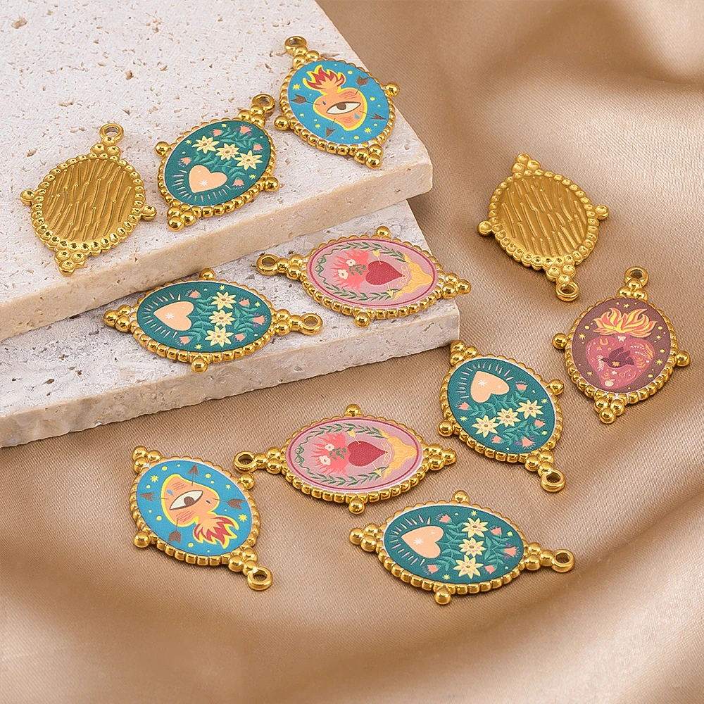 2pcs Stainless Steel Gold Plated Enamel Heart Printed Pendants Eye Charms For DIY Jewelry Making Necklace Accessories Wholesale