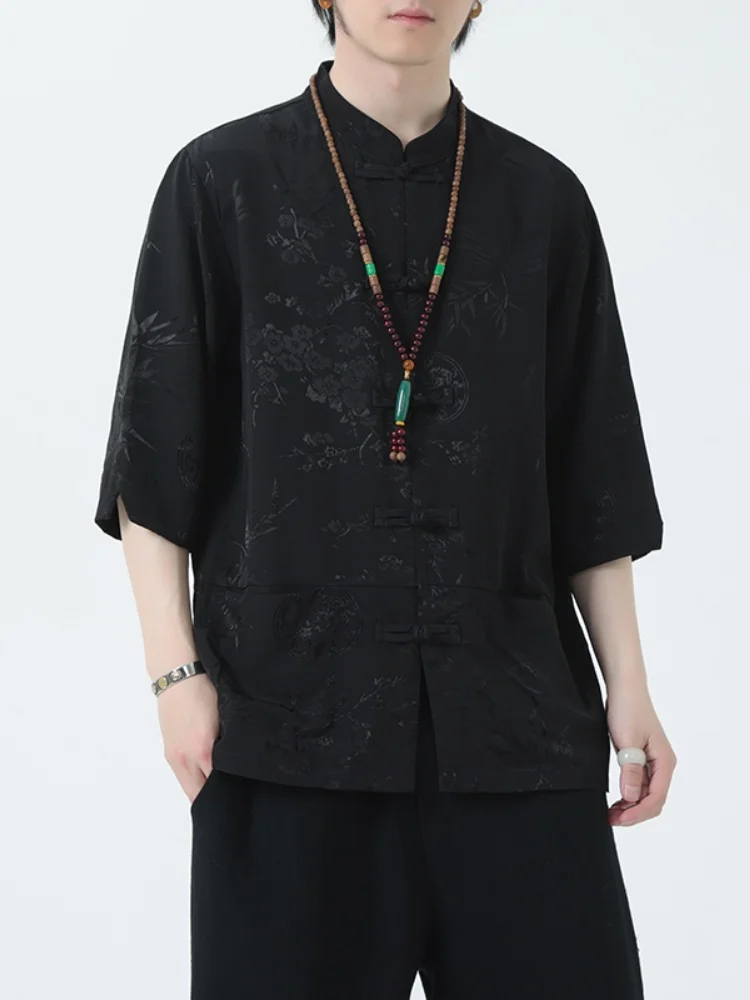 

Ice Silk Short Sleeve Shirt Casual Loose Men's Summer Fashion Button down Chinese Style Outerwear Large Size Leisure Collar