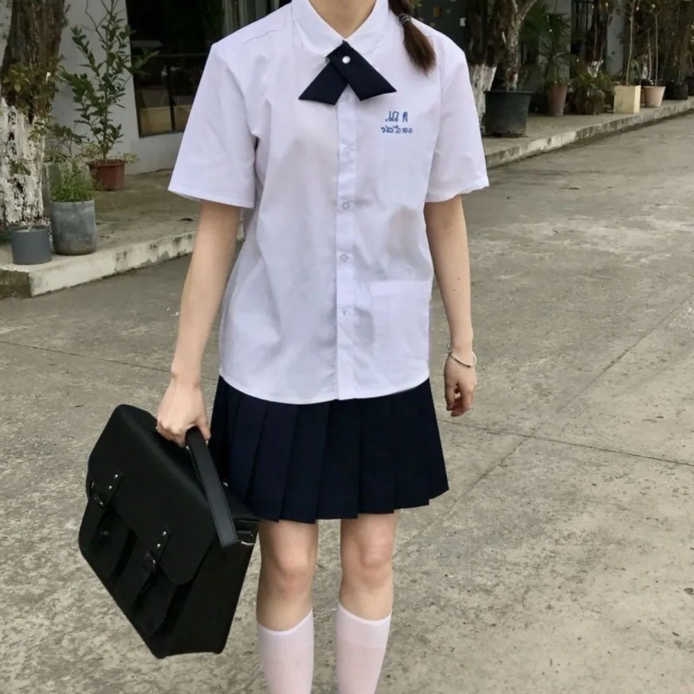 Short Sleeve Thailand School Uniform Class Suits All-match Pleated Skirt T Shirts Preppy Style with Necktie