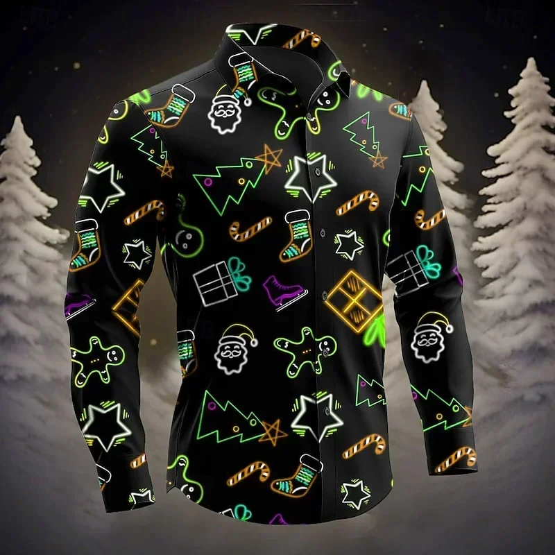 قميص رجالي لعيد الميلاد شجرة سانتا كلوز الزنجبيل رجل طوق قميص بأكمام طويلة عادية حفلة عطلة الخريف والشتاء قميص