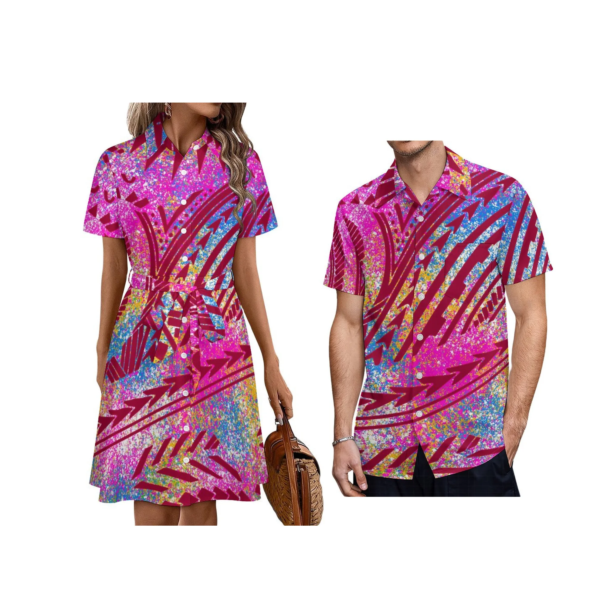 Samoan Island Design Ladies Summer Sashes Dress Custom Plus Size Casual Button Shirts Dress Polynesian Tie-Up Dress