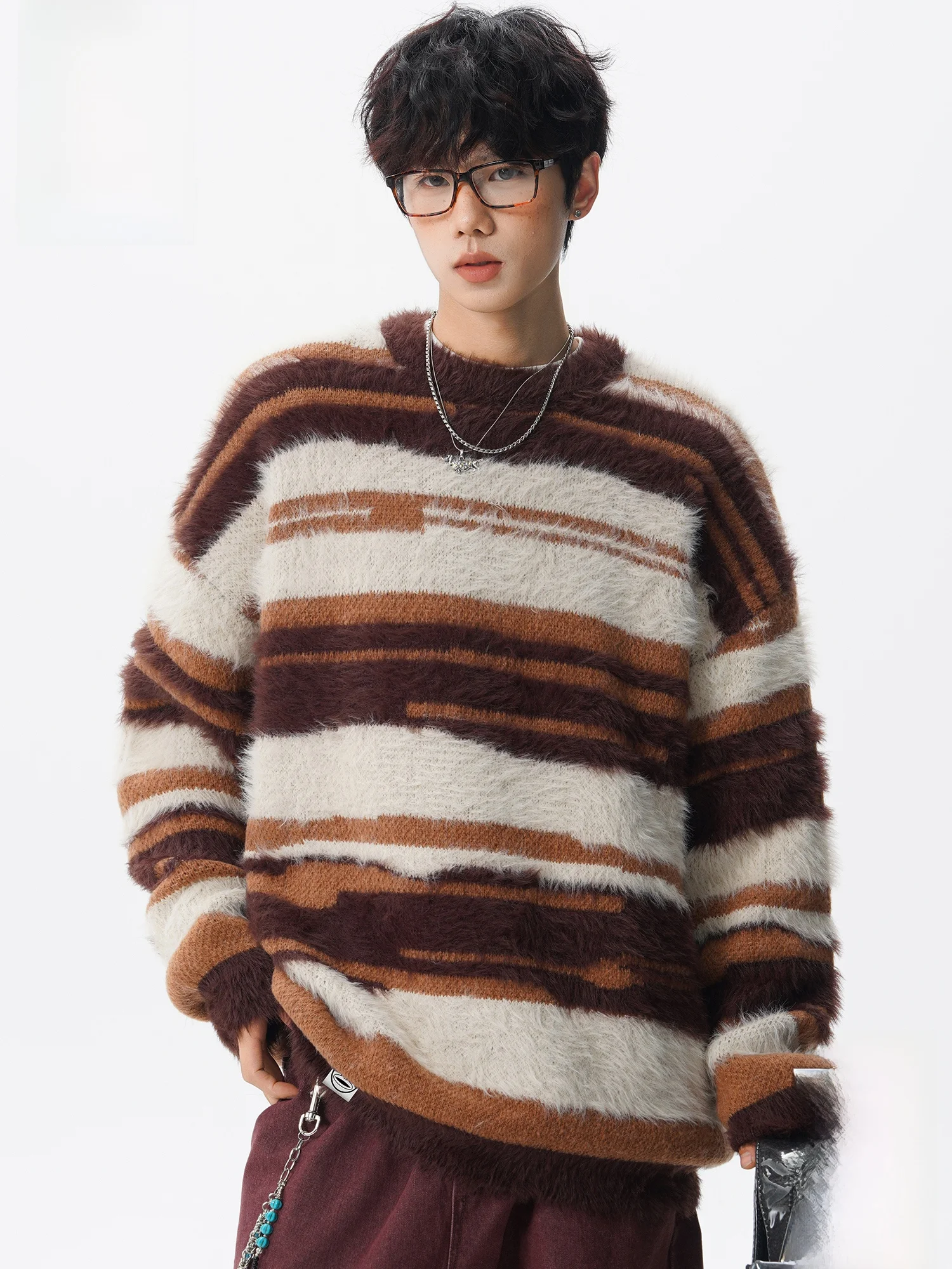 

Мужской вязаный свитер Paul Frank с круглым вырезом, теплый зимний топ с полосками из меха кролика, в стиле ретро, повседневный, модный