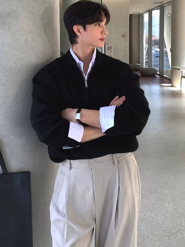 

Мужская вязаная кофта на молнии с длинным рукавом в американском стиле, повседневная рабочая одежда, шерстяное пальто-поло, мягкое зимнее пальто для отдыха