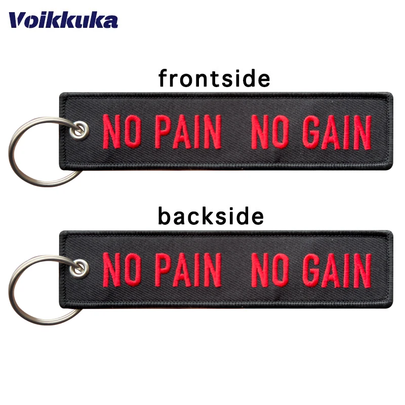 1Pc/2Pcs/3Pcs Set Sale Black Tag No Pain No Gain  Both Sides Embroidery Keychain Motorcycle Key For Men Women