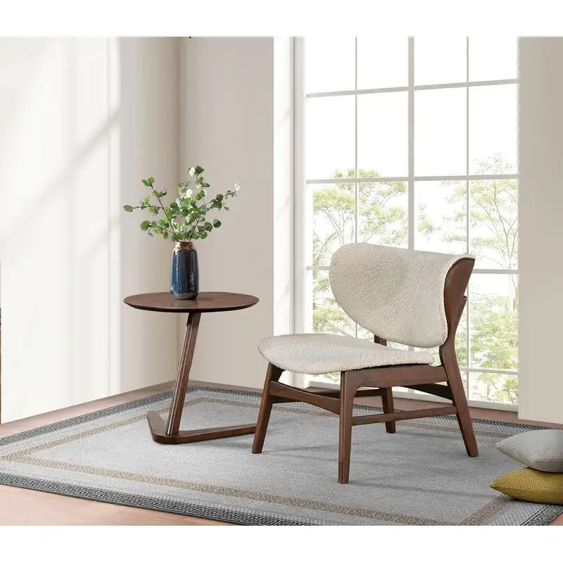 Mid-Century Modern Wingback Chair & Side Table, Solid Wood Structure, Walnut Finish with Beige Upholstery