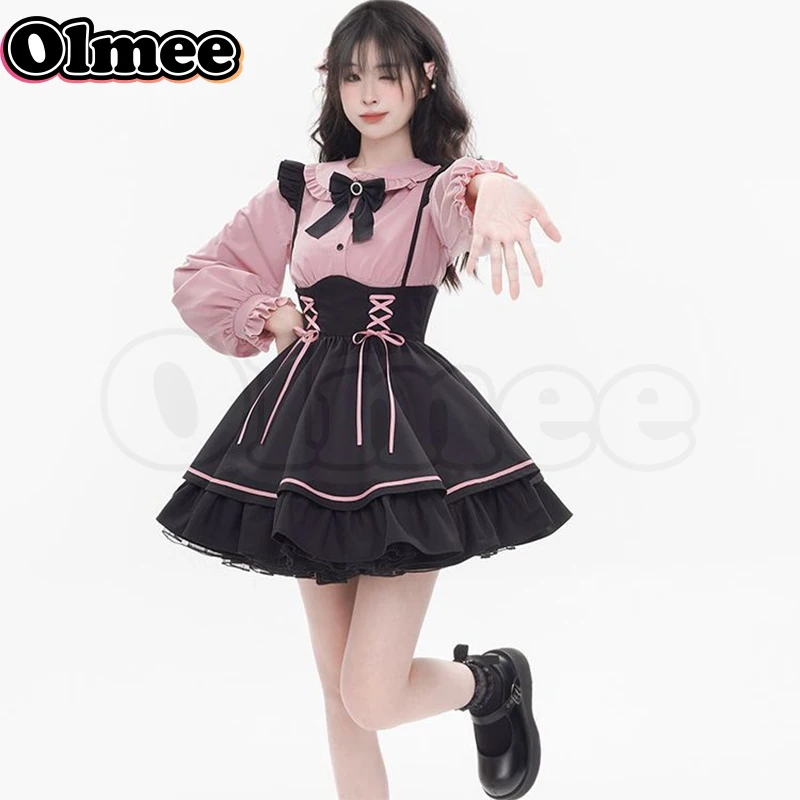 [Olmee] In Stock Jirai Kei Overall Dress Japanese Lolita Mine Style Pinafore Skirt Pink Kawaii y2k Kawaii Sweet Bow Girly Belt