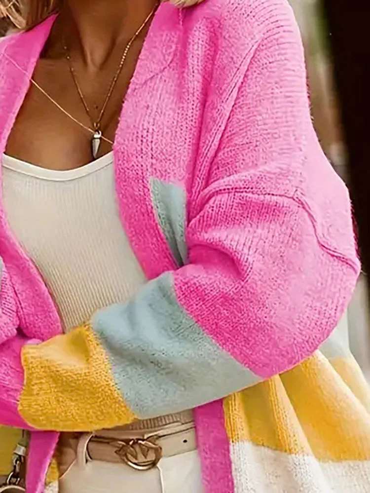 

Ladies Elegant V Neck Pocket Knit Coat Fashion High Street Straight Leg Sweater Striped Printed Long Sleeved Commuting Cardigan