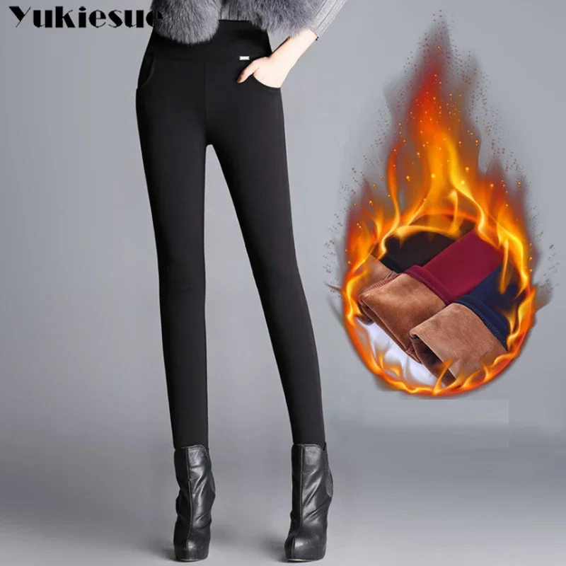 clothes Winter Thick Warm Cashmere High Waist Black pencil Pants Women High Elastic Skinny Stretchy Ladies Trousers woman 6XL