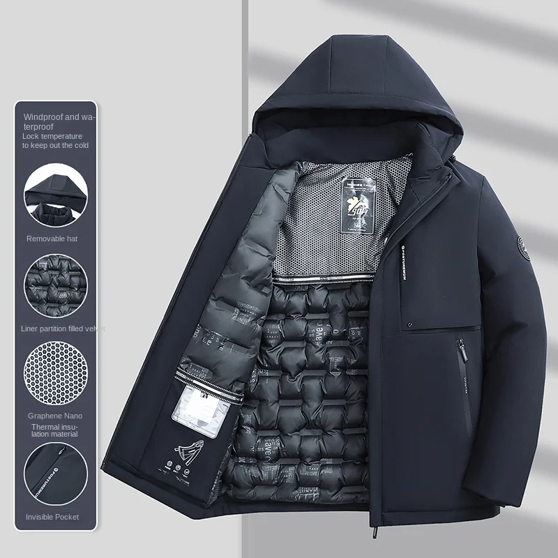 New Winter Jacket Men's high quality Graphene Heating Cold-proof Windproof Padded Coat Business Casual Detachable Hooded Parka