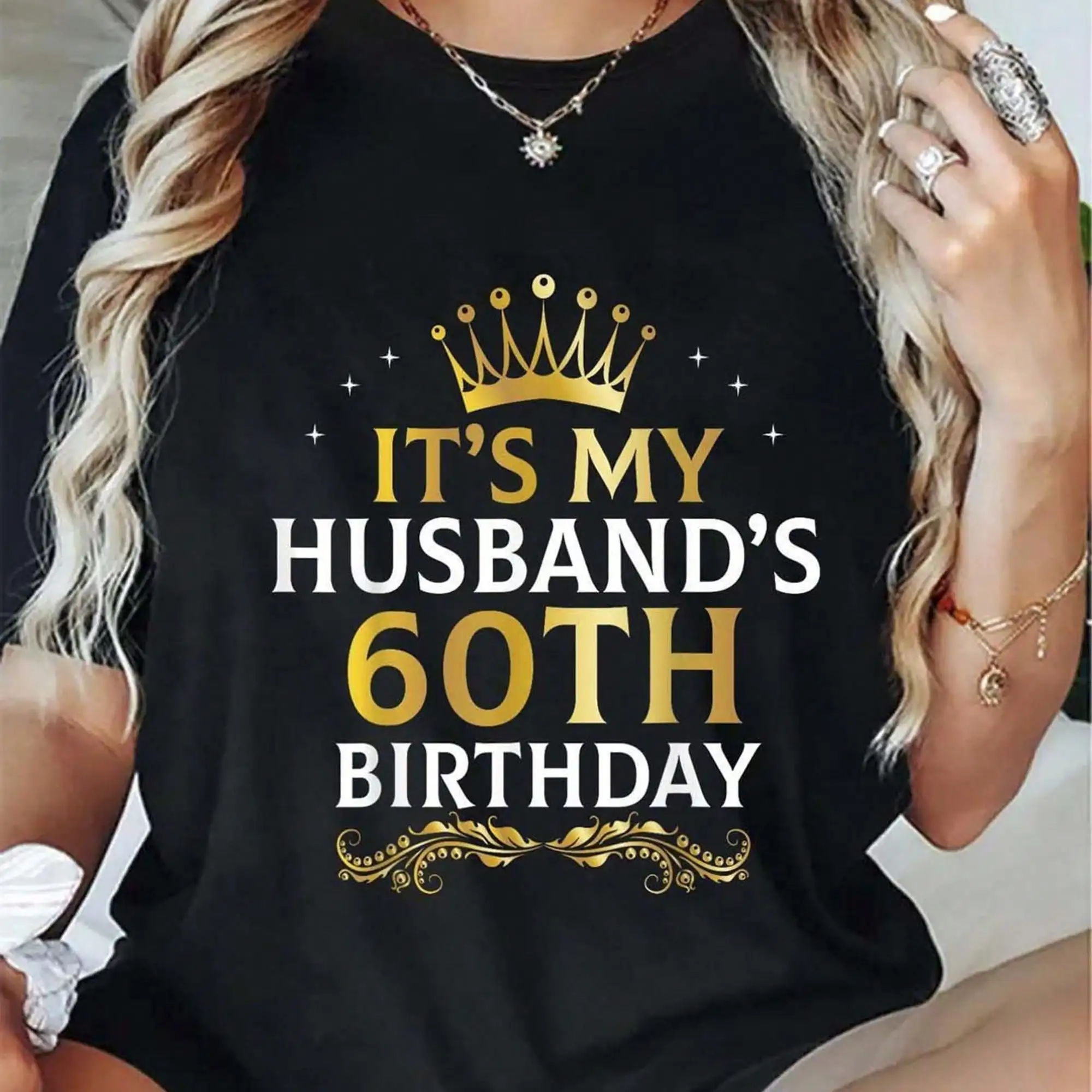 Its My Husband'S 60th Birthday Graphic T-Shirt | Mens Black Crew Neck Tee, Golden Crown Print, Super Soft, Short Sleeve Casual Top, Perfect 60th Milestone Gift For Him, Husbands Celebration Apparel