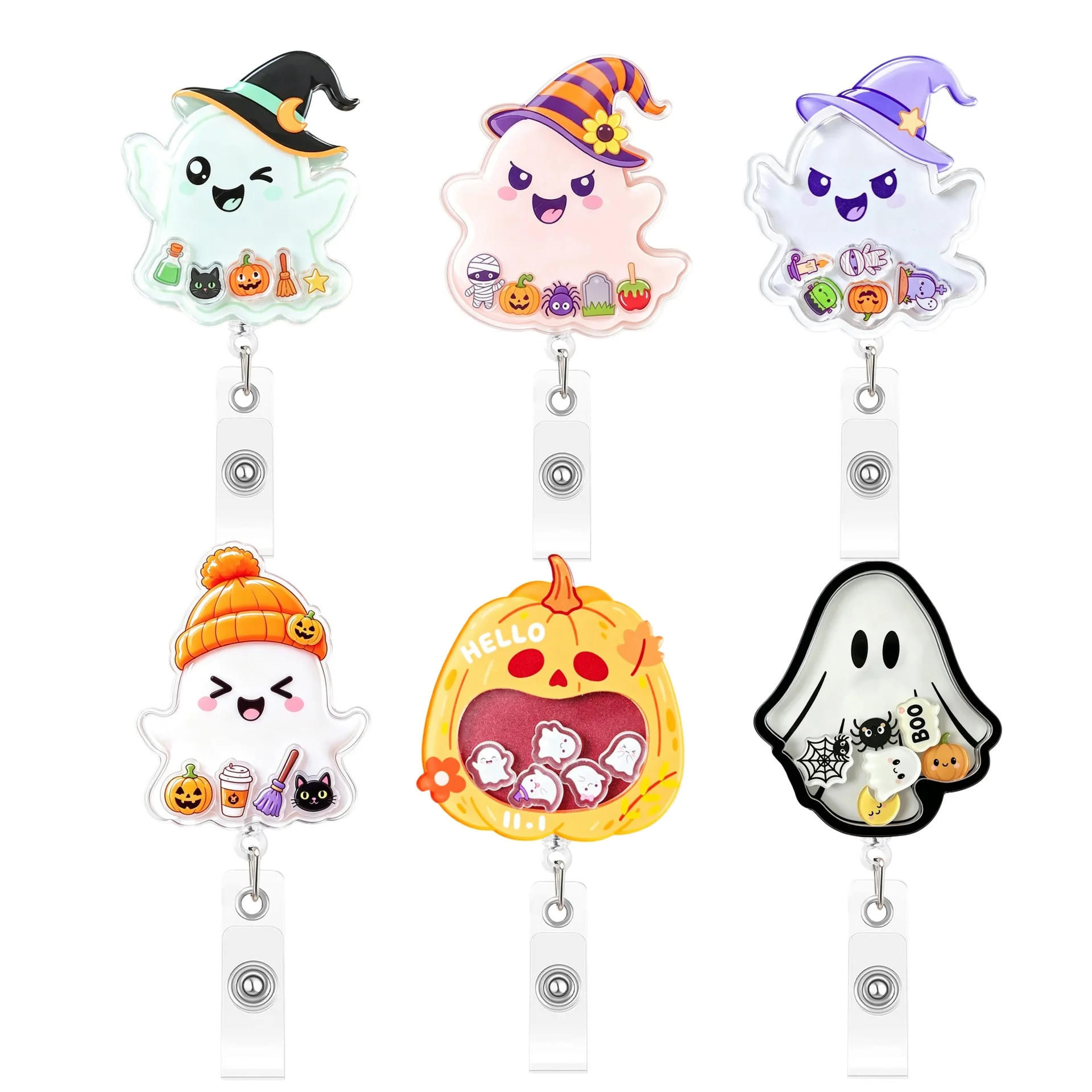 2026 New Design 1 Piece Shaker Acrylic Anime Ghost Pumpkin Halloween Retractable Badge Reel Party Doctor ID Card Holder Lanyard