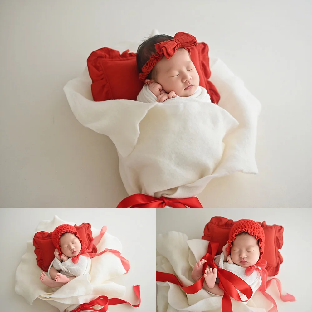 Minimalist Style Newborn Photography Props Wrap Red Ruffle Knit Bonnet Bow Headband for Baby Girl Photo Shoot Floral Theme Props