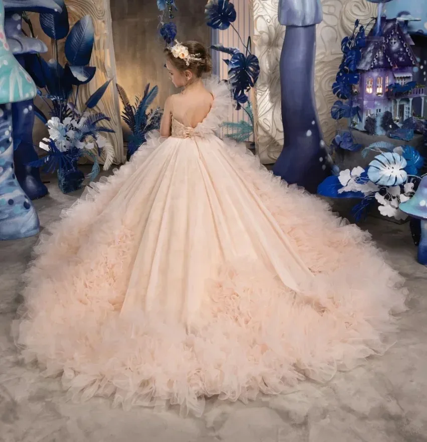 Blush Pink Flower Girl Dresses for Wedding Toddlers  Tiered Tulle Pageant Birthday Gowns Kids Backless First Communion Dress