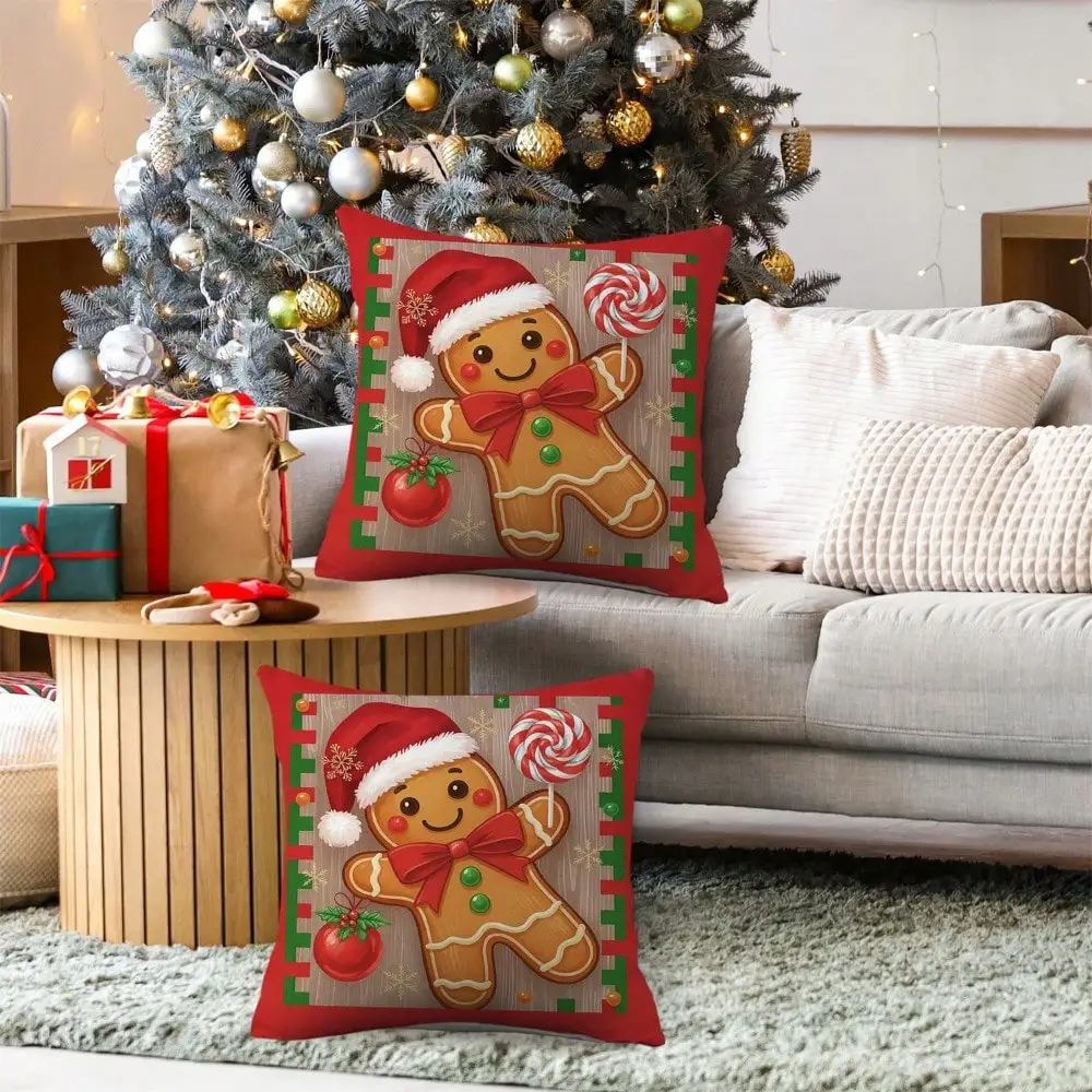 1pc 18x18 Inch Festive Gingerbread For Man Christmas Pillow Covers - Red & White Striped Candy Cane Design With Santa Hats, Berries & Snowflakes, Gingerbread Cushion, Gingerbread Cookie Cushion, Decorative Christmas Gingerbread Cookie Cushion