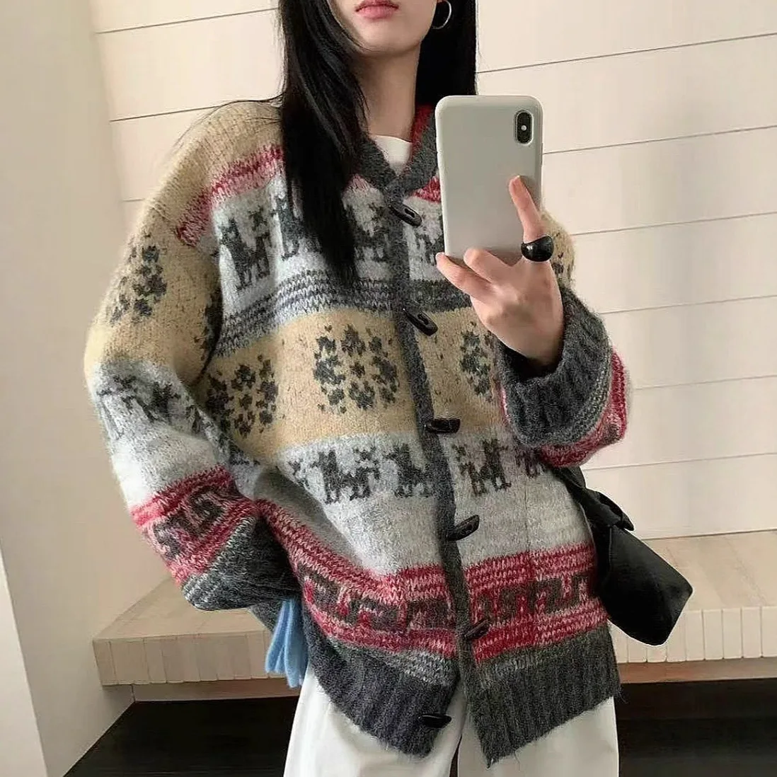 

Knitted Cardigan Sweaters Women Jacquard Jumpers Streamer Ribbon Pocket V Neck Single Breasted Loose Casual 2025 Autumn Winter