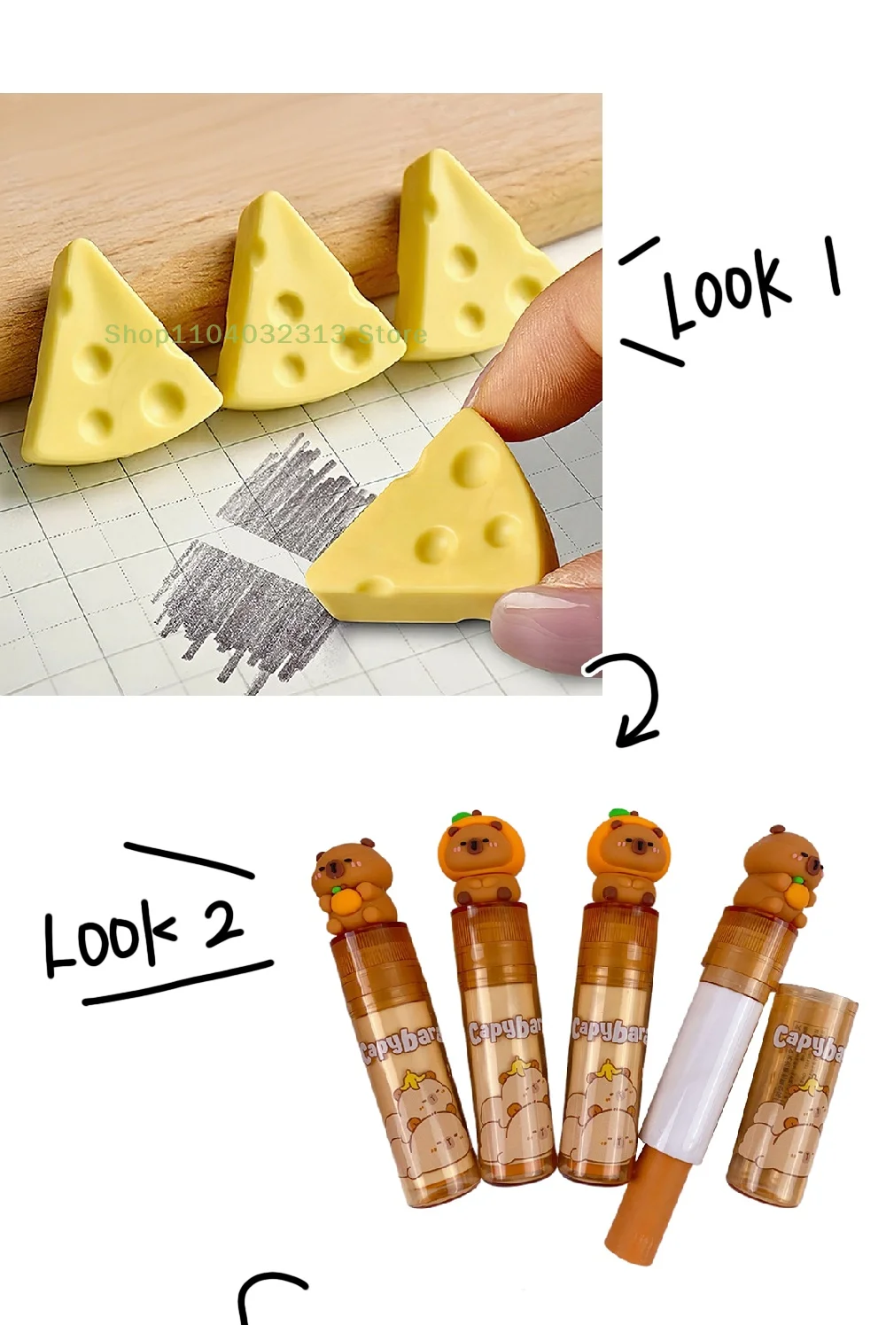 1/7PC Simulation Cheese Eraser Soft School Supplies Clean Mess Free Stationary Office Student Rubber Capybara Eraser For Kids