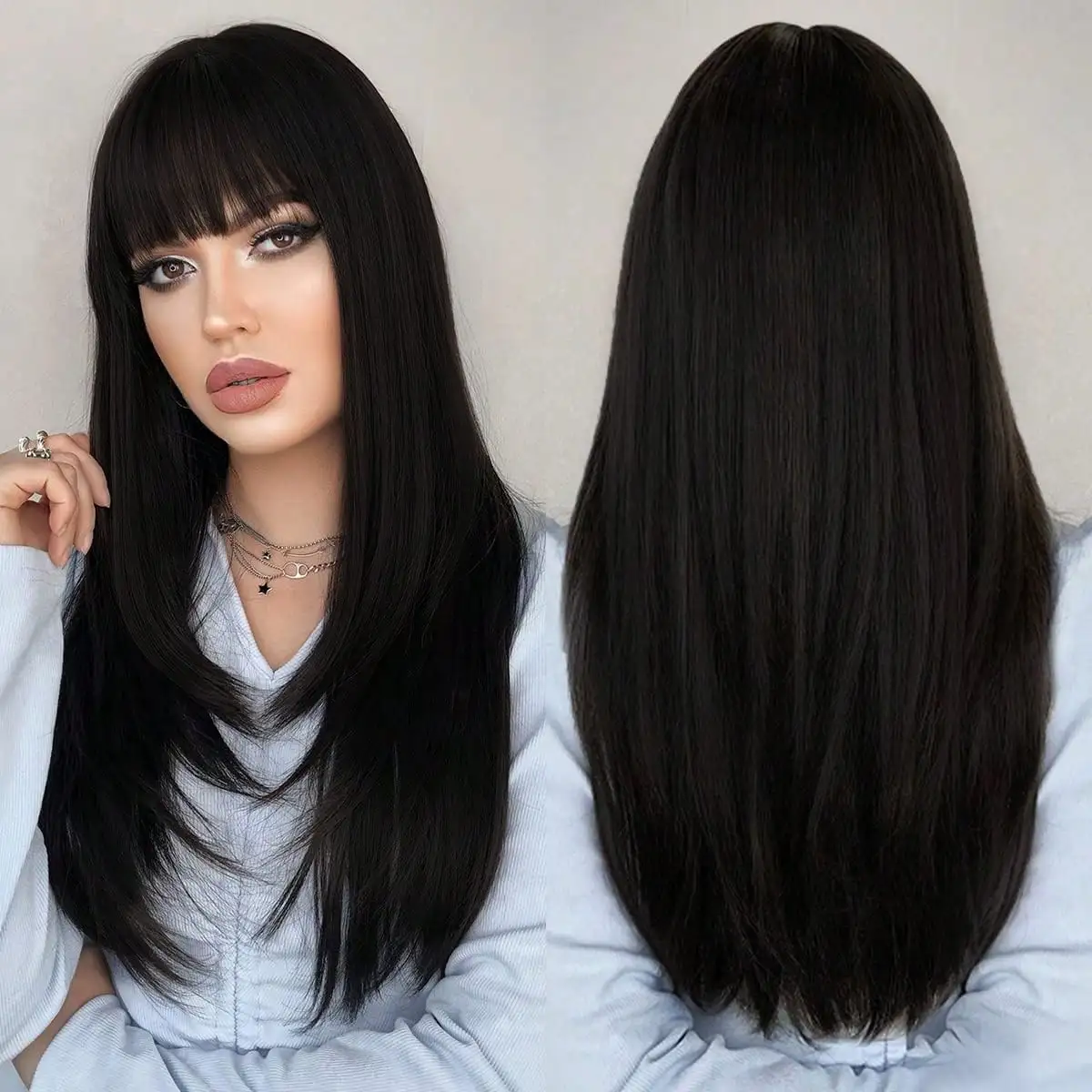 طويل طبيعي الطبقات أسود مستقيم مع الانفجارات الباروكات 24 بوصة شعر مستعار اصطناعي مقاومة للحرارة الشعر للنساء اليومية حفلة تأثيري #5