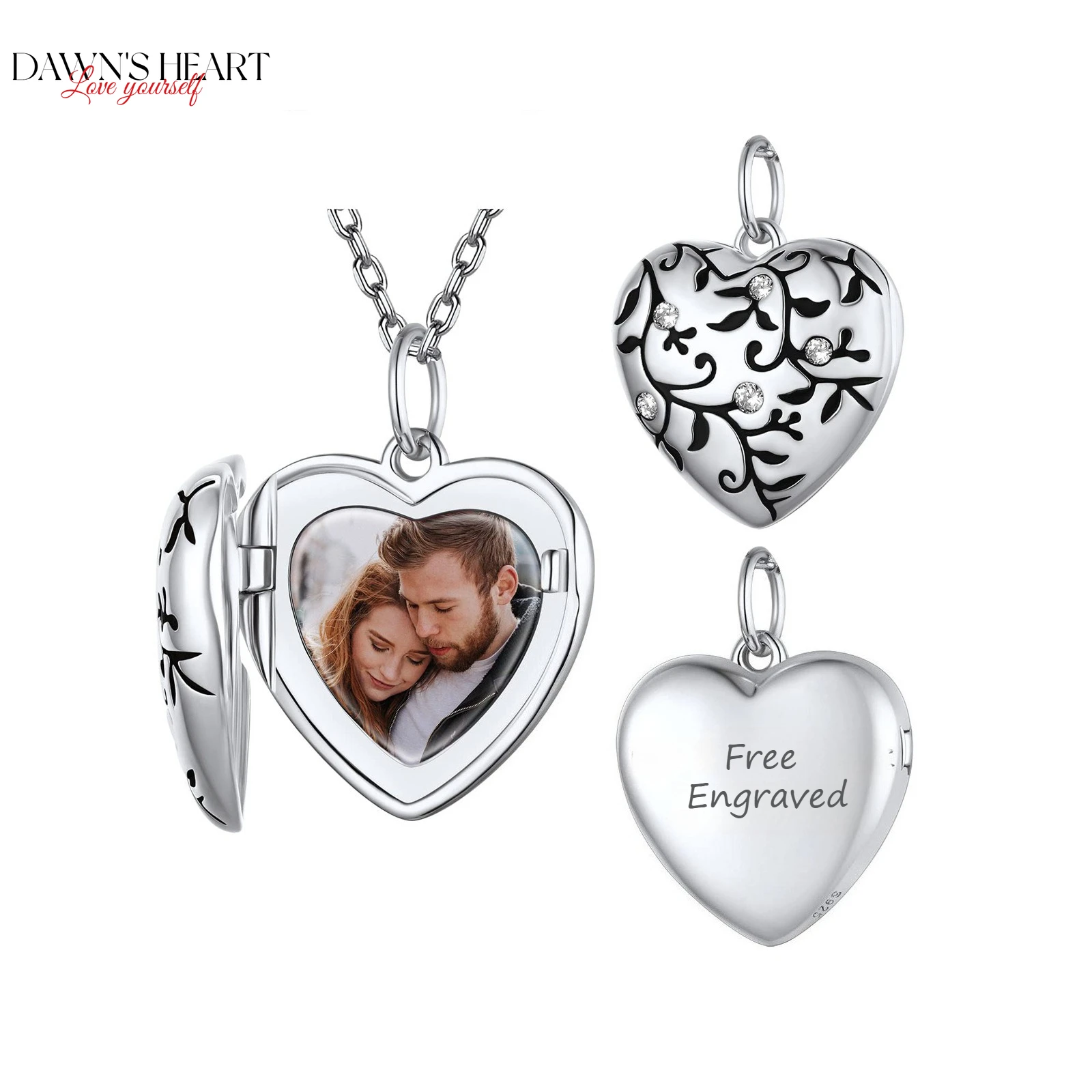 

DAWNS Personalized Heart Locket Necklace Angel Wings Pendant with Photo Printing Dainty Color Picture Memorial Jewelry for Women