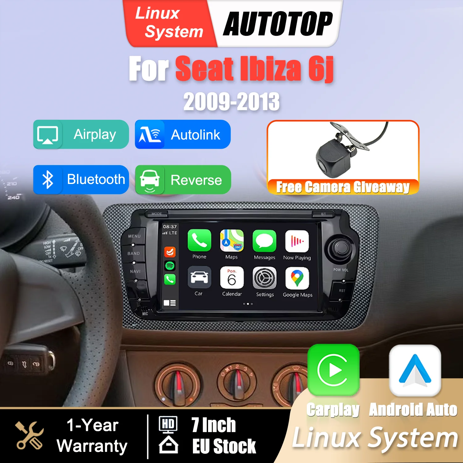 Sistema Linux da 7 pollici per Seat Ibiza 6J, modelli 2009-2013, dotato di CarPlay e Android Auto wireless, supporta la funzione di mirroring dello schermo wireless, AirPlay, GPS e radio per auto con