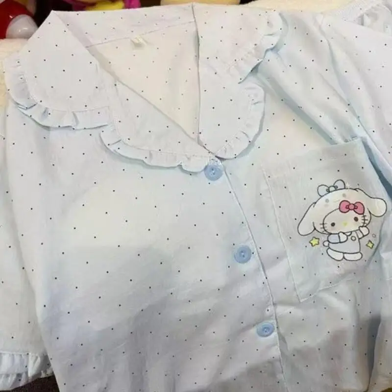 

Милый комплект пижамы для девочек с мультяшным принтом в горошек: летние шорты, кардиган с коротким рукавом и кружевом, двухсекционный комплект, домашняя одежда для студенток