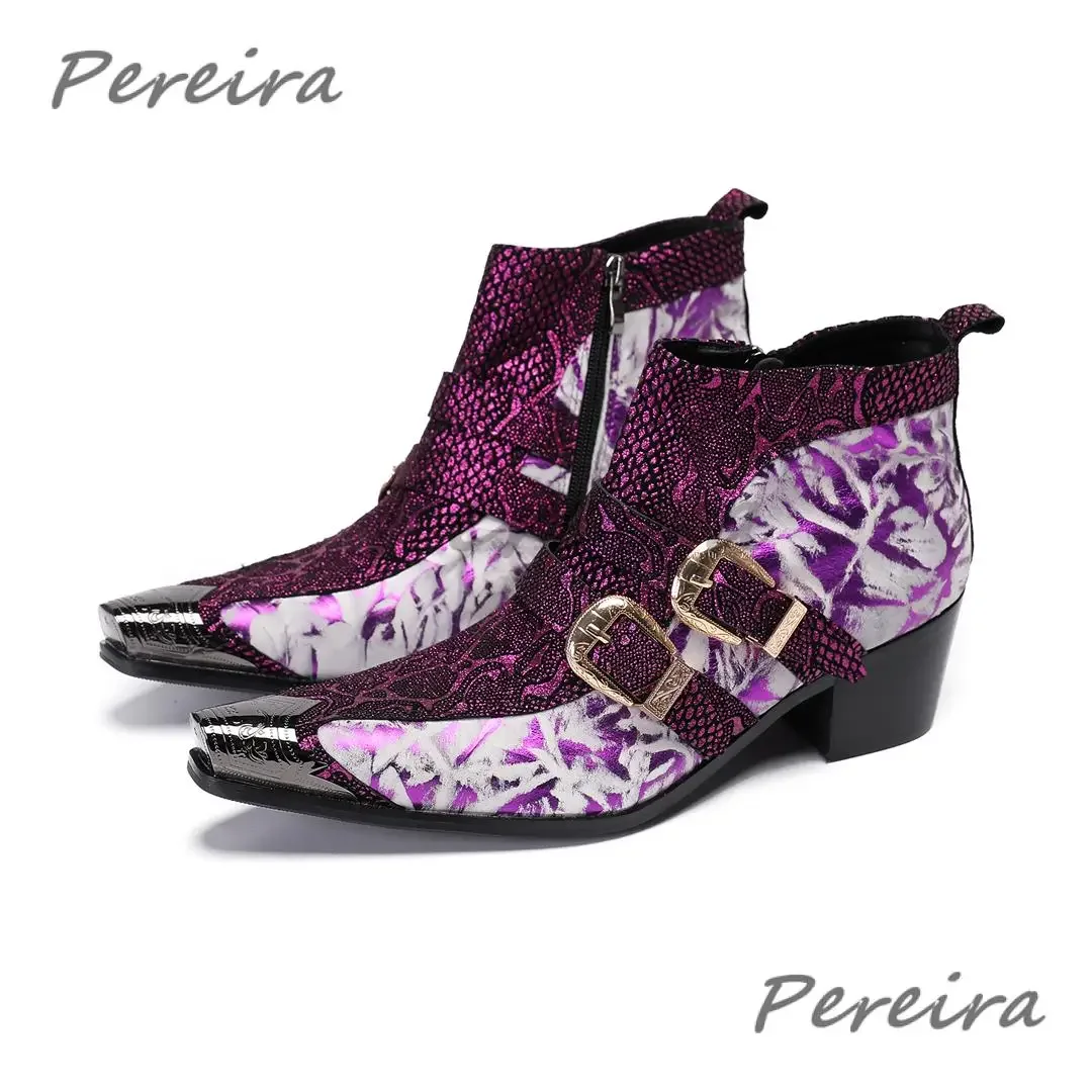 

Purple Belt Buckle Chelsea Boots Iron Pointed Toe Genuine Leather High Heel Boots Luxury Patchwork Party Banquet Men's Shoes
