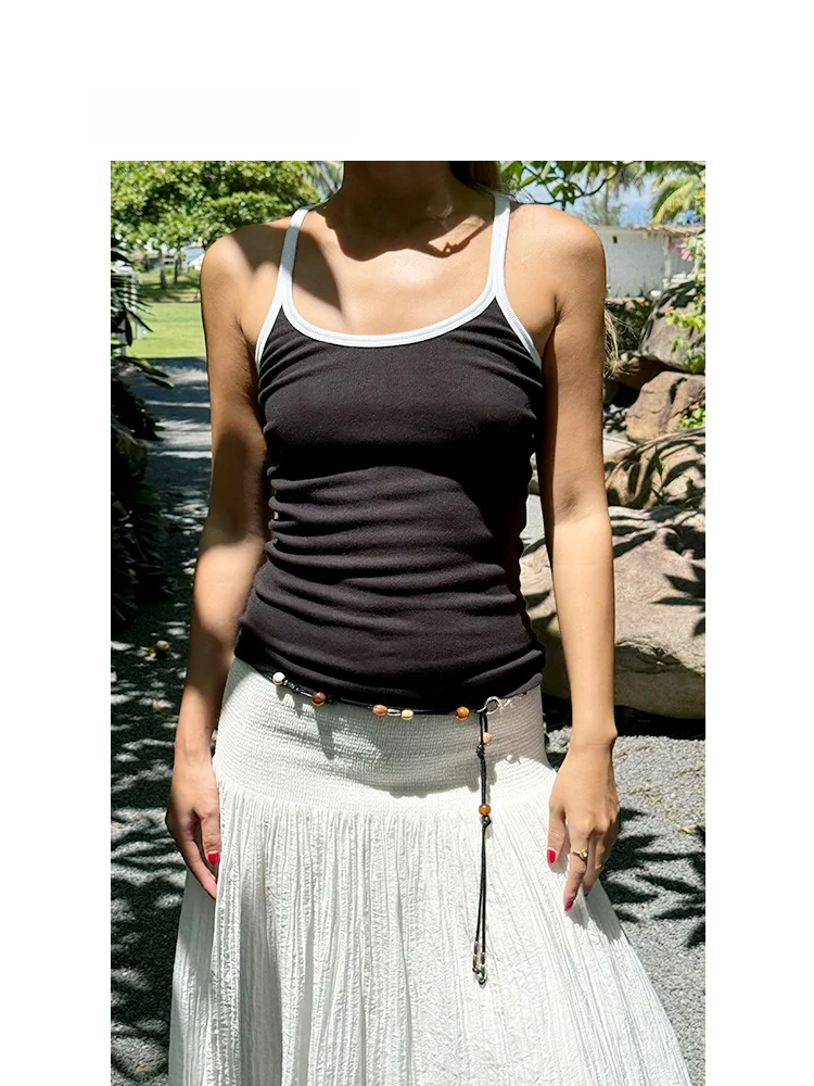 

Bla U-Ne Elastic Splice Strap Vest Women's Faion Spring Summer New Sle 0 ROUN Cotton Blend Comfortable Fit Vest