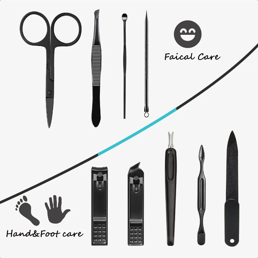 Ensemble de manucure 9 en 1, coupe-ongles en acier inoxydable, ciseaux, Kit d'outils de pédicure, Kit de toilettage de voyage Portable pour hommes et femmes avec