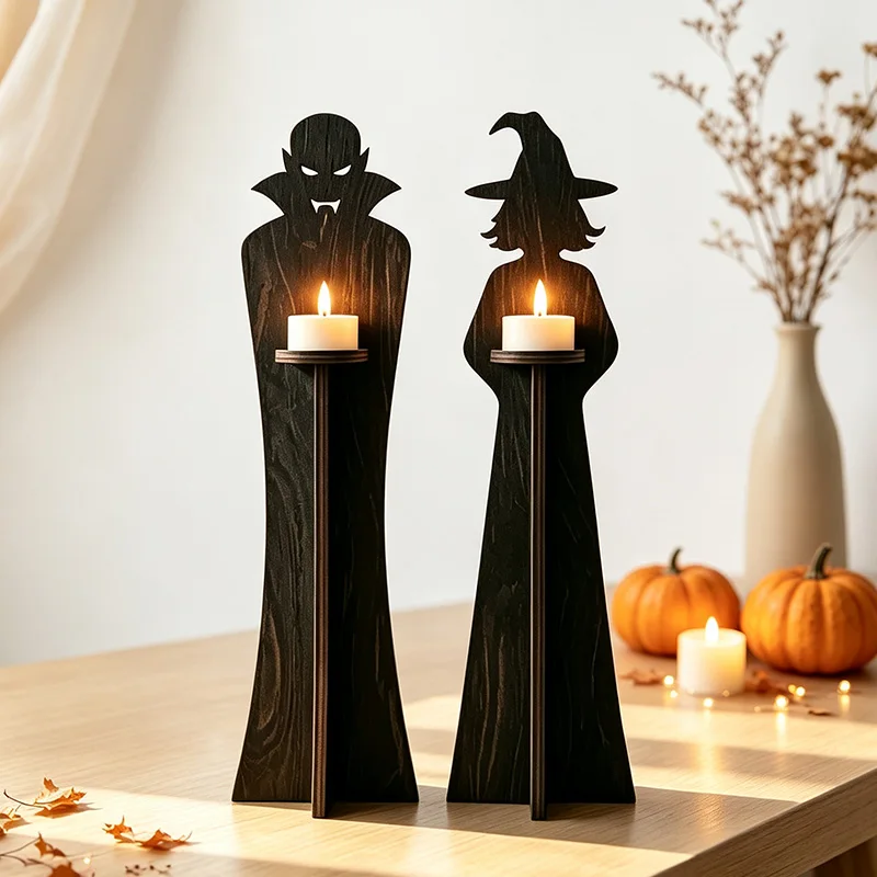 2Pcs Halloween Figure Figurines Unfinished Wood Candle Holders Vampire Witch Silhouette Candlestick Table Centerpiece Ornaments