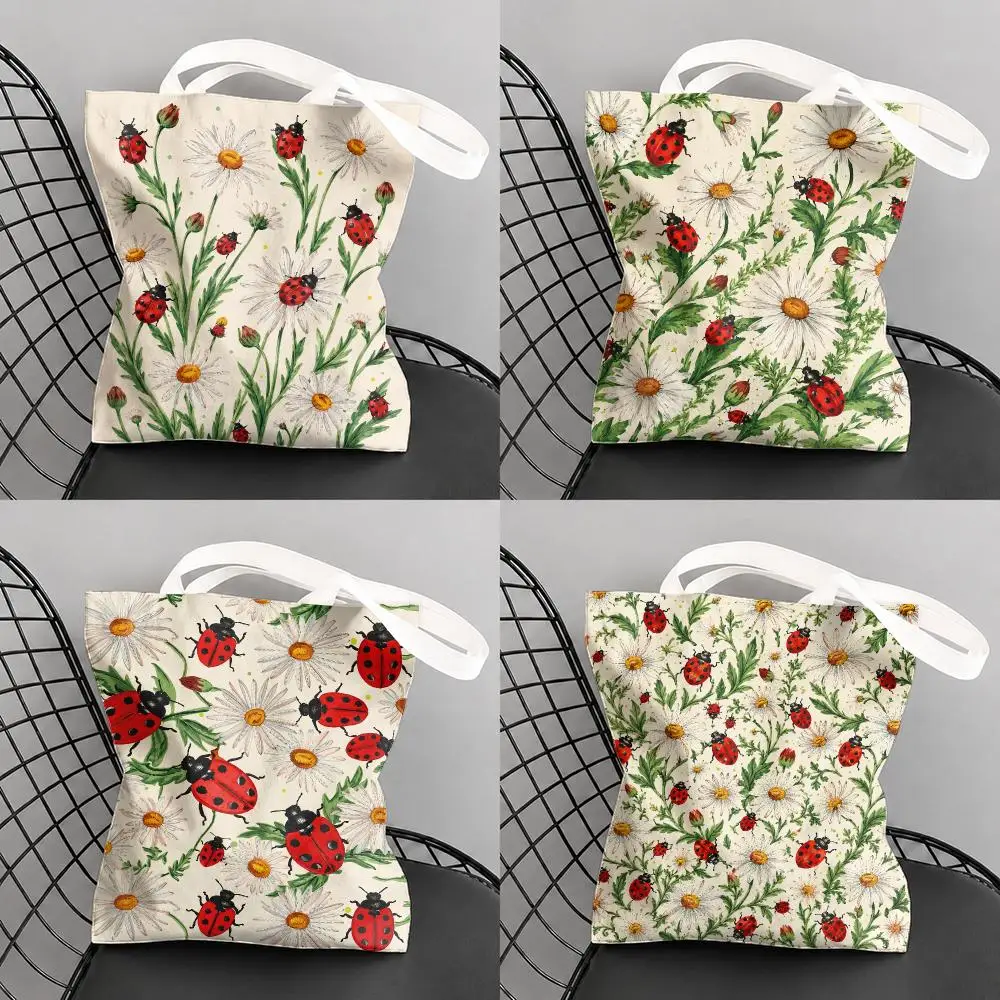 Ladybugs With Daisies Pattern Storage Bags Large Capacity Canvas Tote Bag Double-Sided Print Shoulder Handbag for Daily Shopping