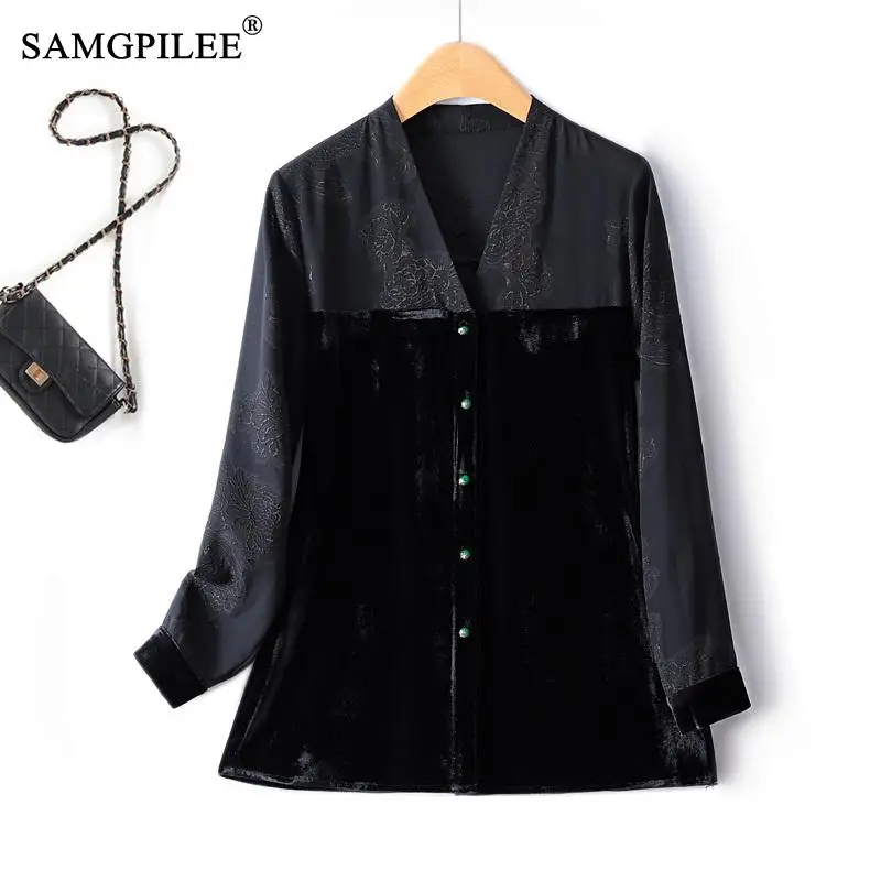 

Retro Shirts & Blouses Women 2023 Chinese Style V-neck Jacquard Stitching Gold Velvet Single Breasted Straight Y2k Clothing 4XL