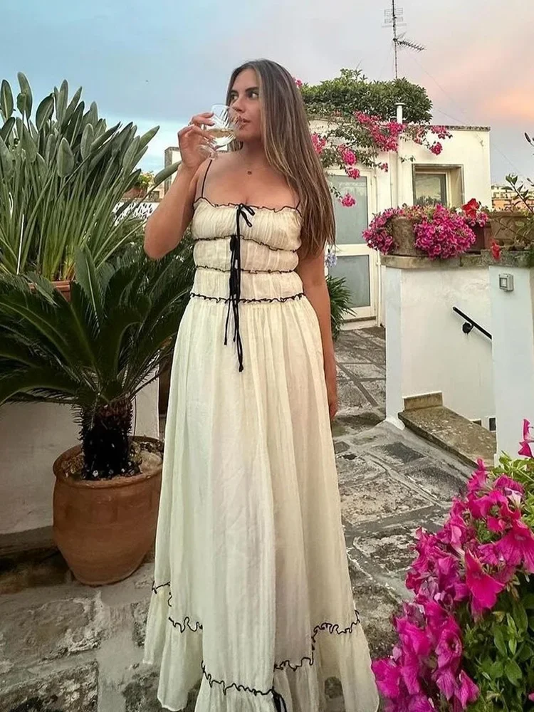 Foridol-vestido de verano blanco con tirantes finos y borde con volantes para mujer, maxivestido playero bohemio con lazo, 2024