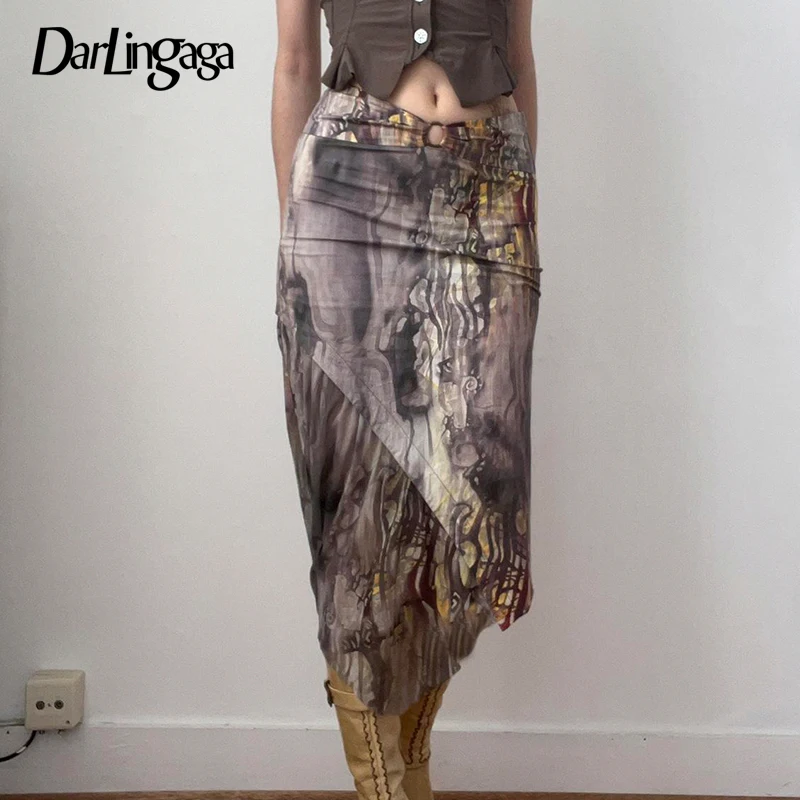 

Darlingaga Asymmetrical Slim Tie Dye Printed Long Skirt Low Rise Streetwear Vintage Ring Women Skirts Elegant Fairycore Outfits