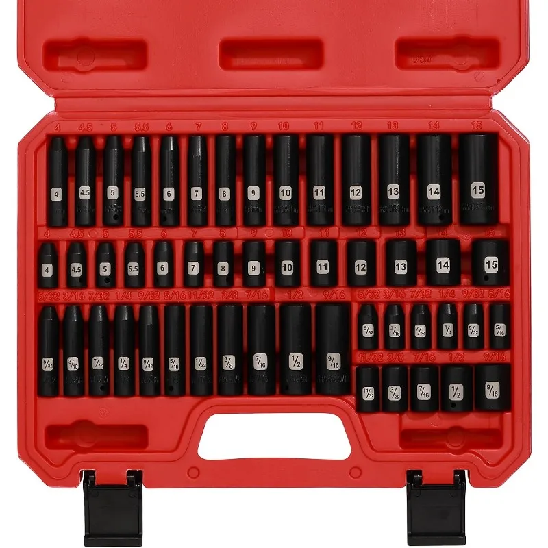 

50PCS 1/4 Inch Drive Master Impact Socket Set,Metric/SAE,Deep/Shallow,6 Point,CR-V, 5/32 Inch - 9/16 Inch, 4mm - 15mm